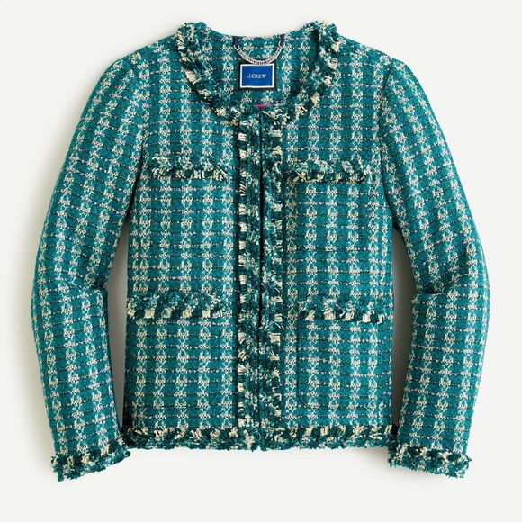 J.CREW NWT $268 Lady Sparkle Lined Jacket Top in Emerald Plaid Tweed Size 2 - Picture 1 of 7